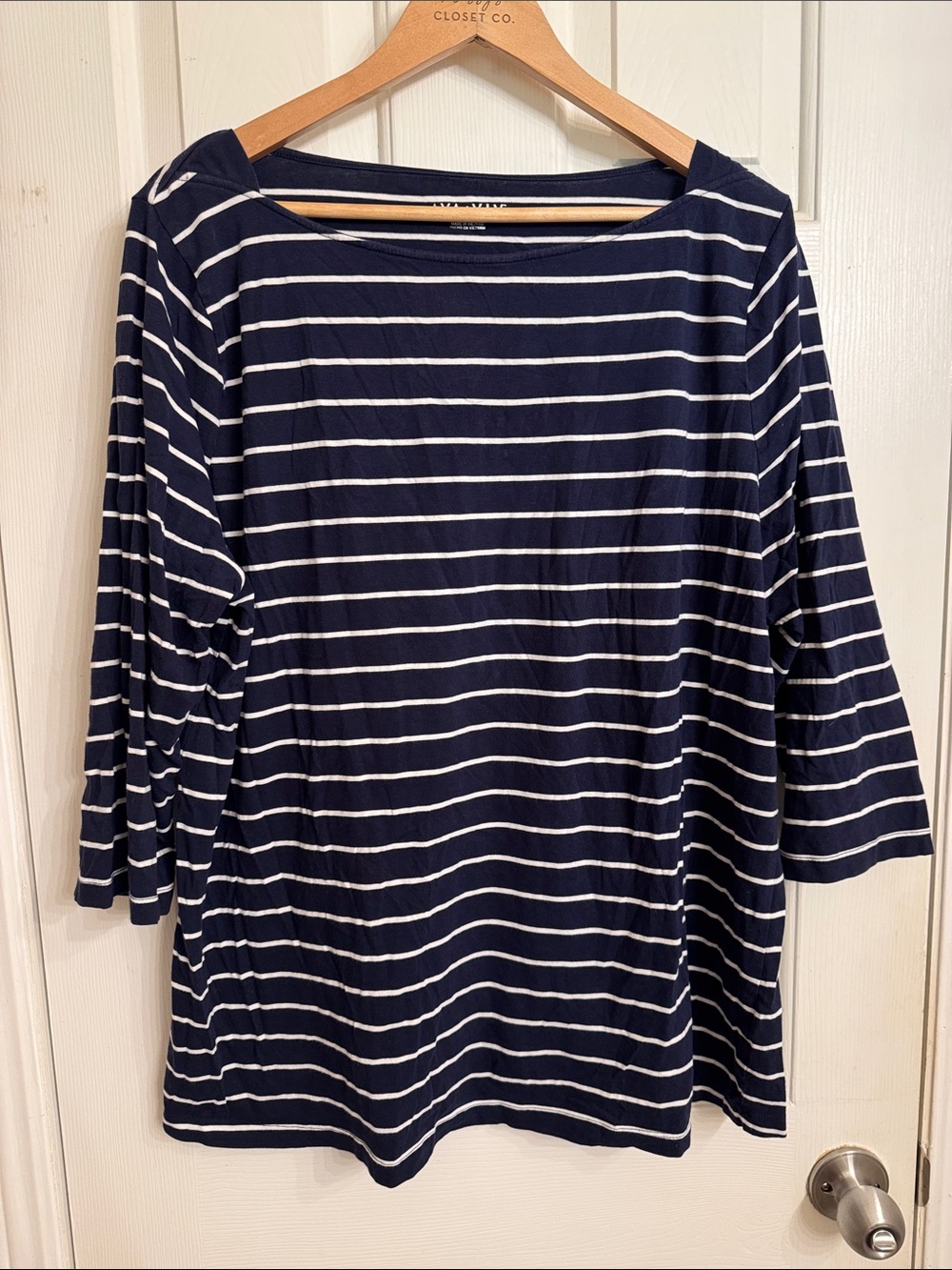 Ava & Viv Navy and White Striped Boatneck Long Sleeve Top